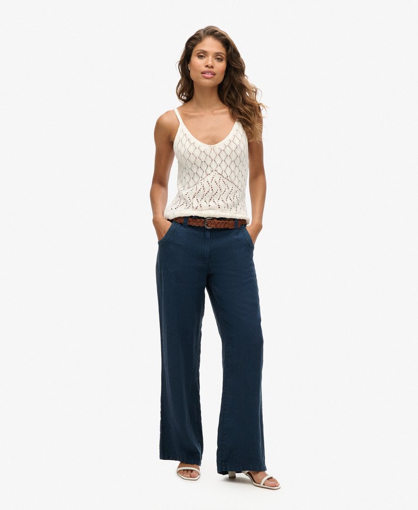 linnen broek met lage taille in een nette blauwe kleur