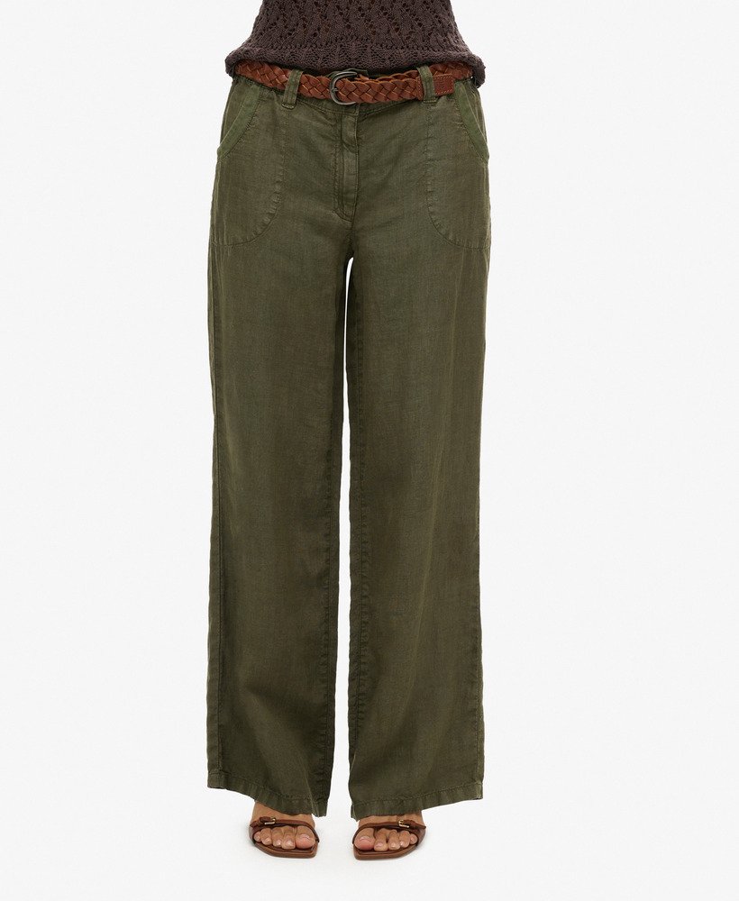 linnen broek met lage taille in gewassen kaki
