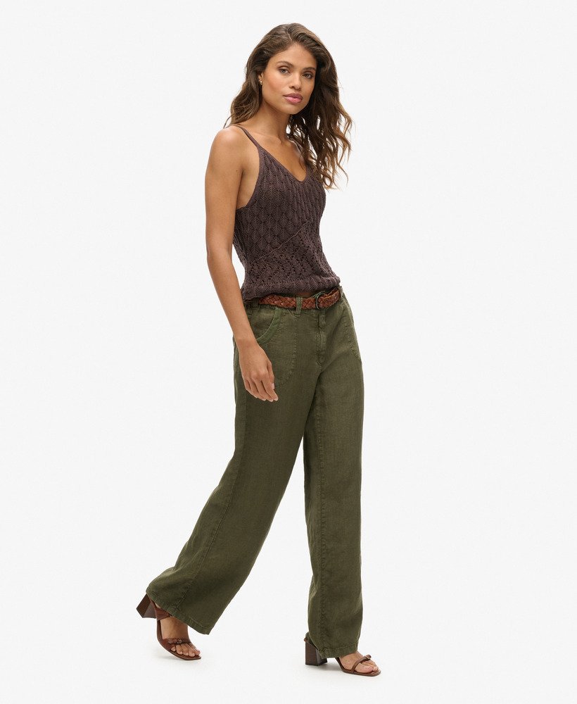 linnen broek met lage taille in gewassen kaki