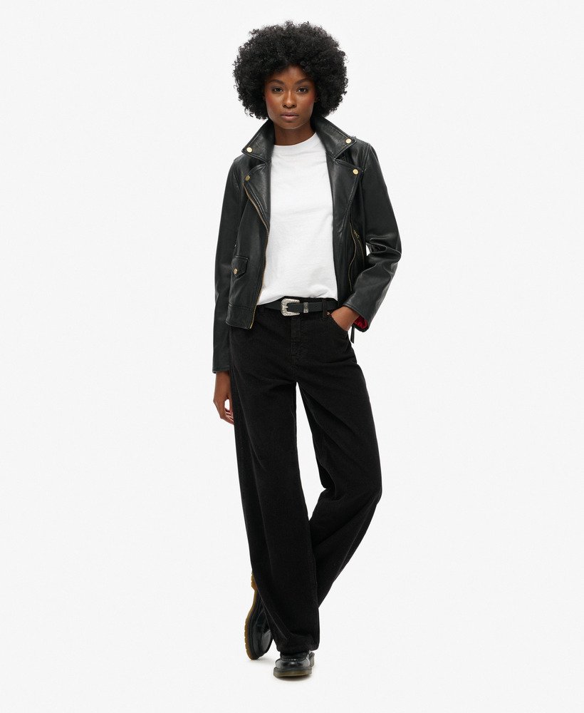 corduroy broek met middelhoge taille en wijde pijpen in zwart