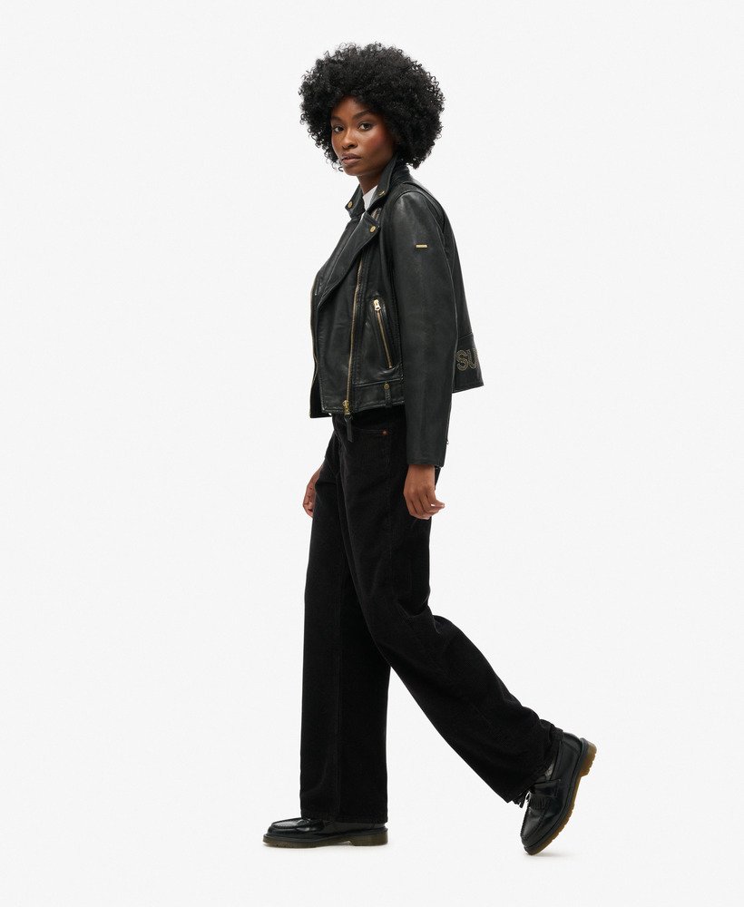 corduroy broek met middelhoge taille en wijde pijpen in zwart