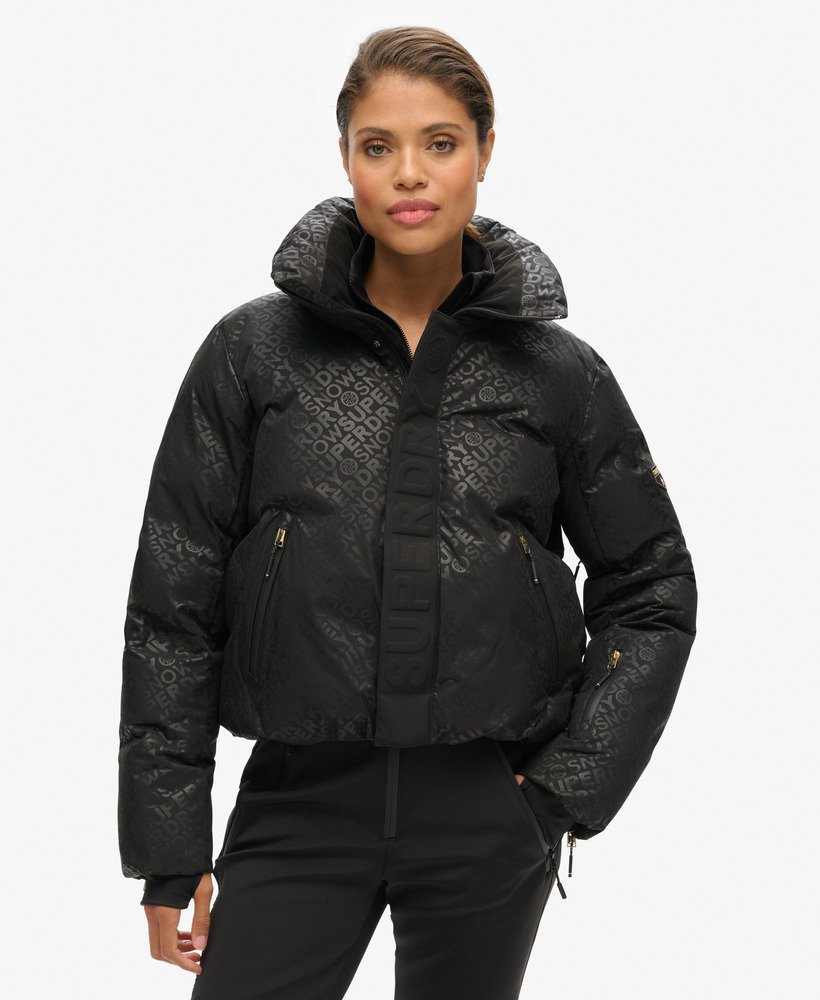 ski slalom puffer jacket in superdry monogram black luxe