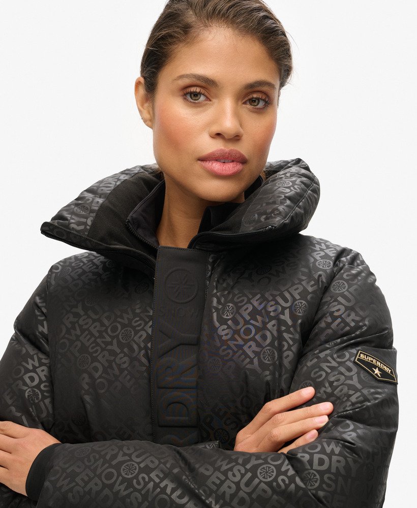 ski slalom puffer jacket in superdry monogram black luxe