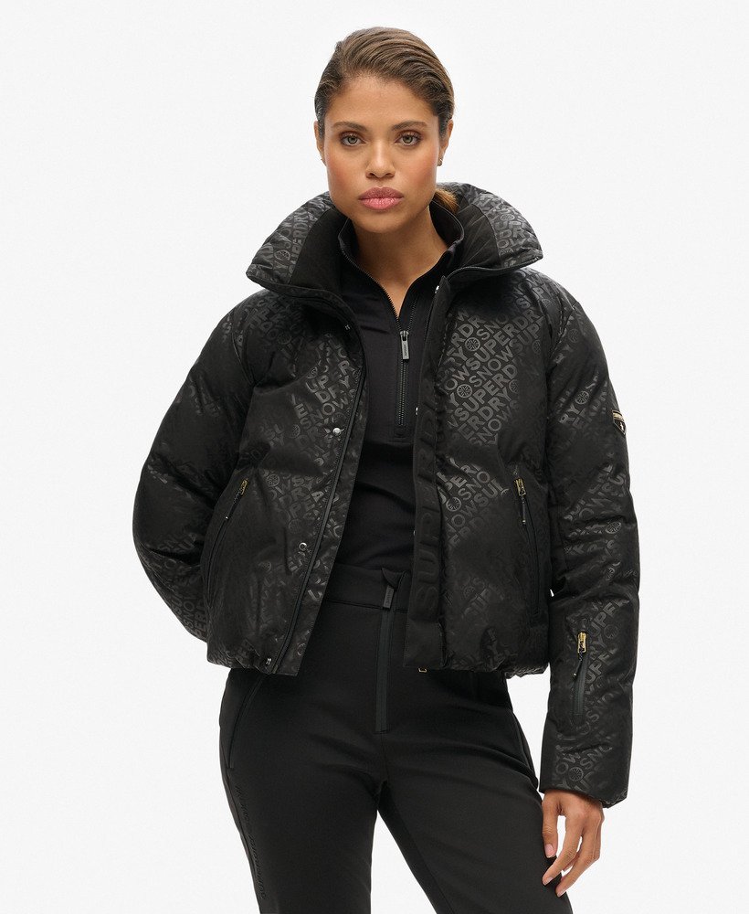 ski slalom puffer jacket in superdry monogram black luxe