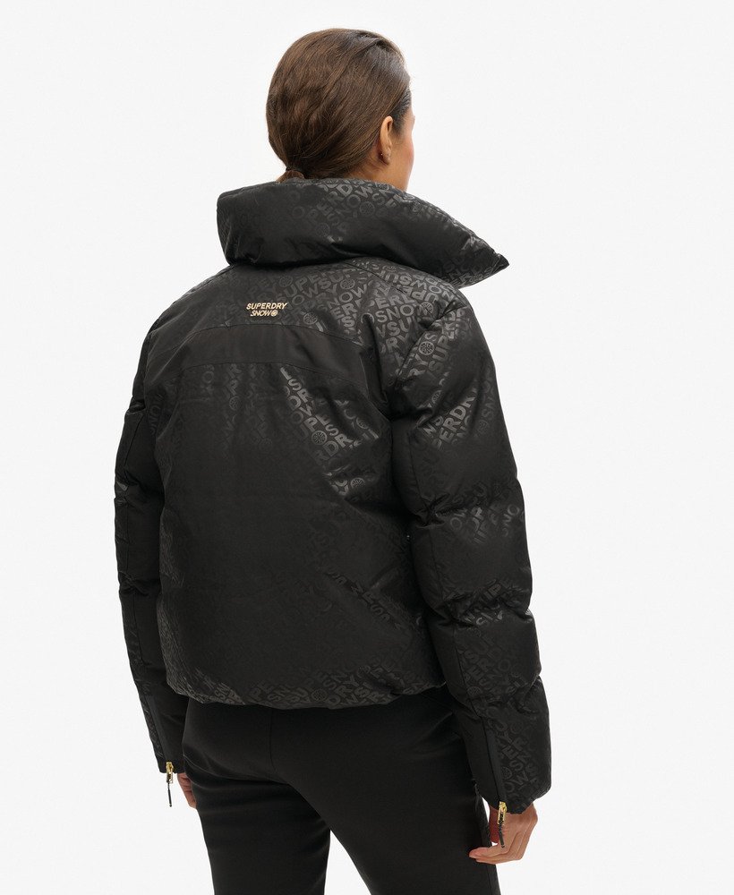 ski slalom puffer jacket in superdry monogram black luxe