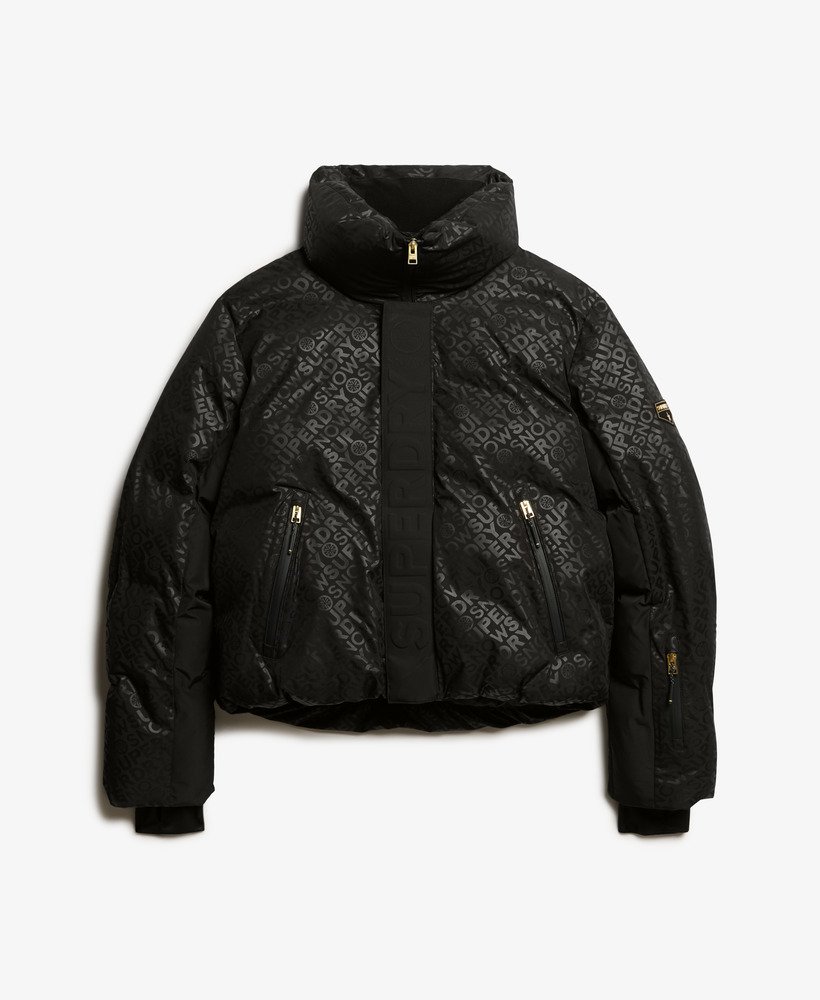 ski slalom puffer jacket in superdry monogram black luxe