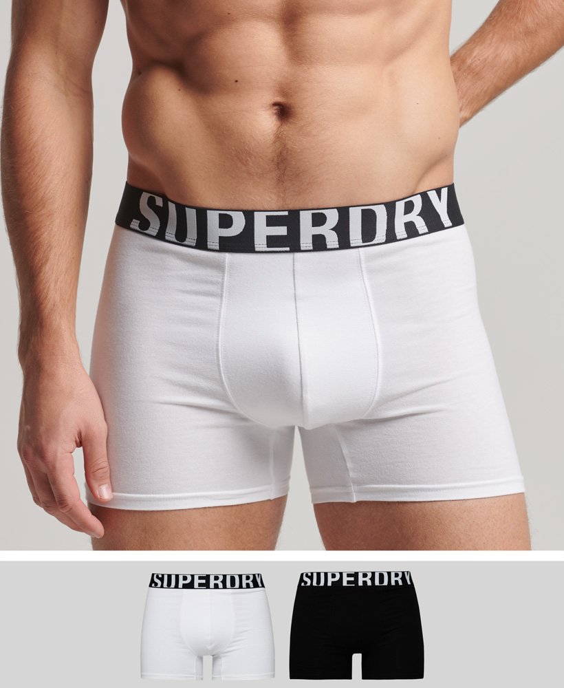 biologisch katoenen boxershorts met dubbel logo dubbelverpakking in zwartwit.