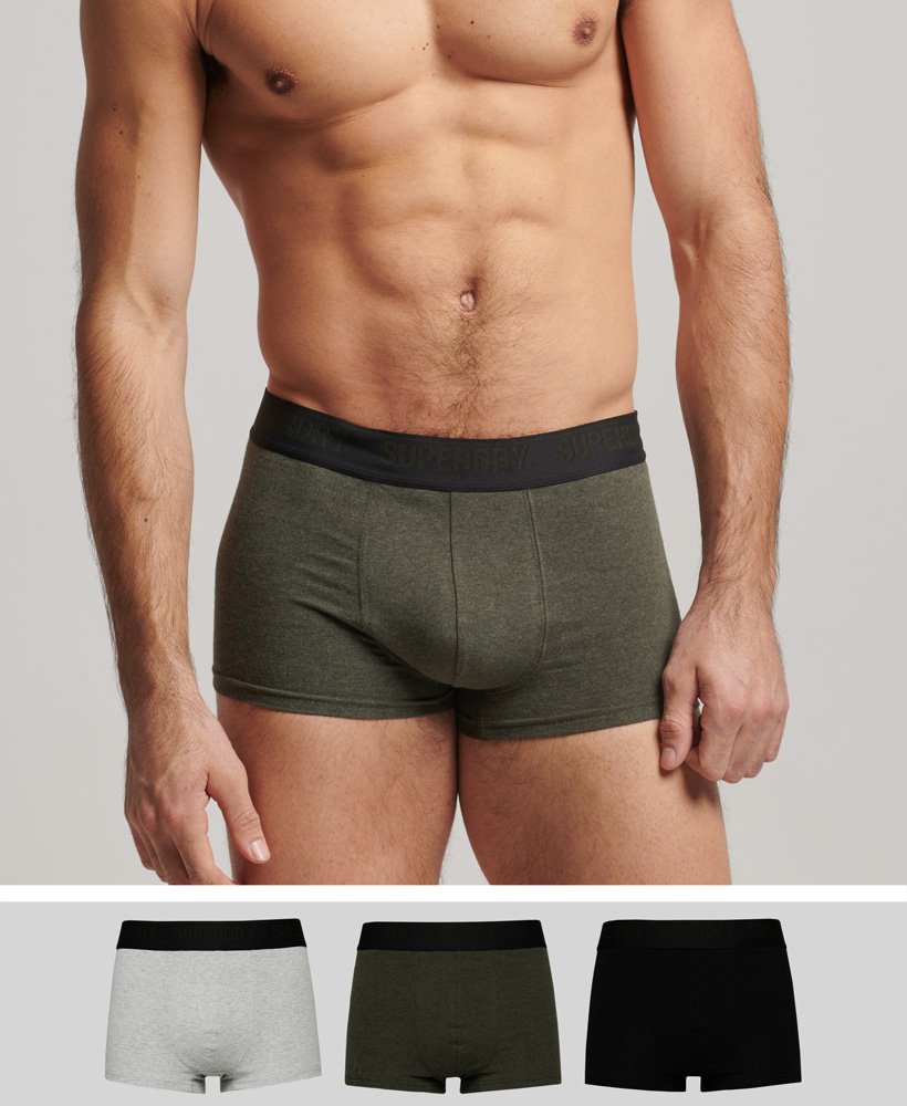 biologische katoenen boxershorts driepack in zwartolijfgroengrijs.