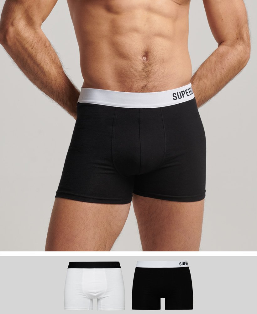 biologisch katoenen boxershorts dubbelverpakking in zwartwit.