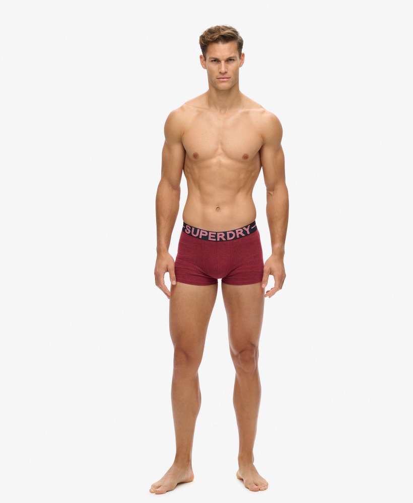 biologische katoenen boxershorts driepack in bessenrood gemêleerdmiddenrood gemêleerddonker indigoblauw gemêleerd