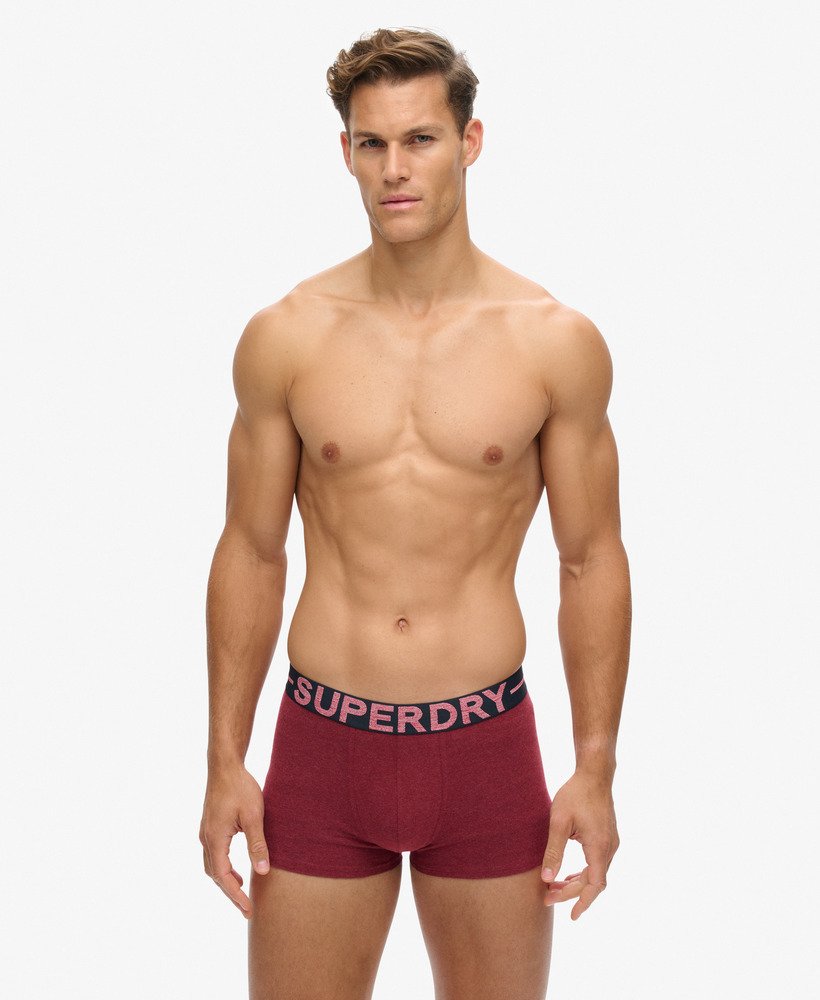 biologische katoenen boxershorts driepack in bessenrood gemêleerdmiddenrood gemêleerddonker indigoblauw gemêleerd
