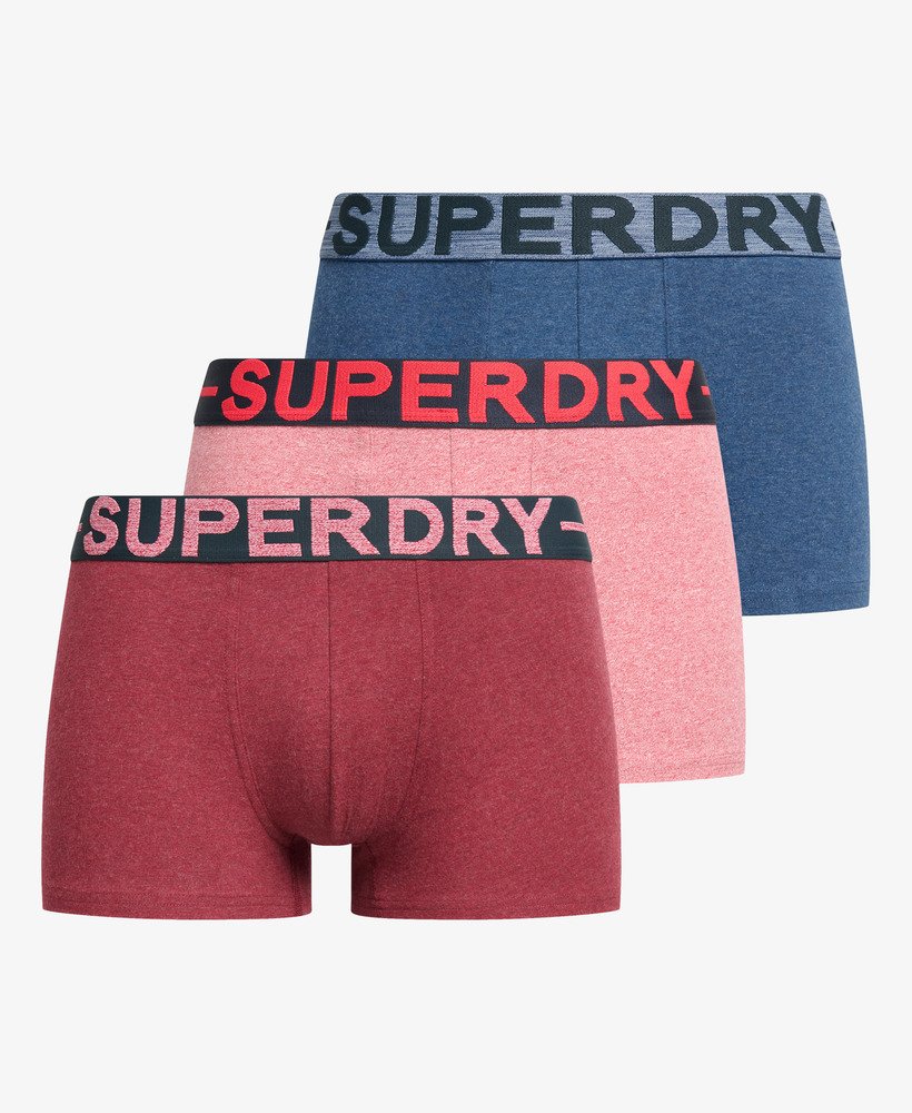 biologische katoenen boxershorts driepack in bessenrood gemêleerdmiddenrood gemêleerddonker indigoblauw gemêleerd