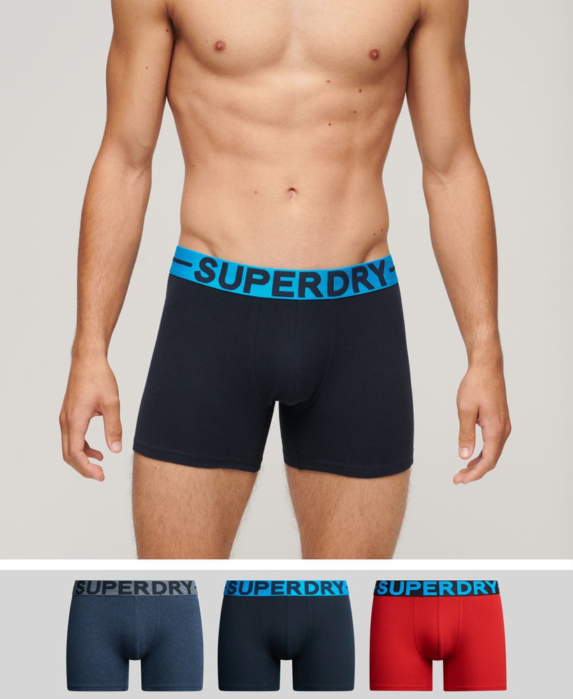 biologisch katoenen boxershorts set van drie stuks in donker indigoblauw gemêleerdeclipse marineblauwrood